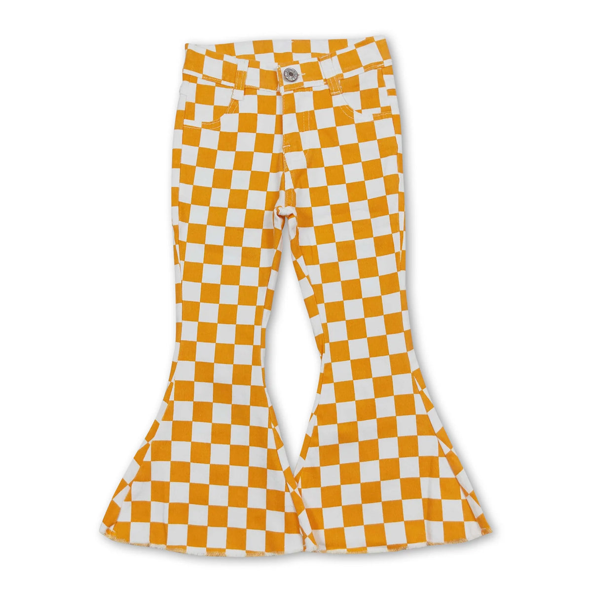 RTS NO MOQ Sibling baby cloths Plaid Button-Down Skinny Denim Flared Pants: Orange & Blue