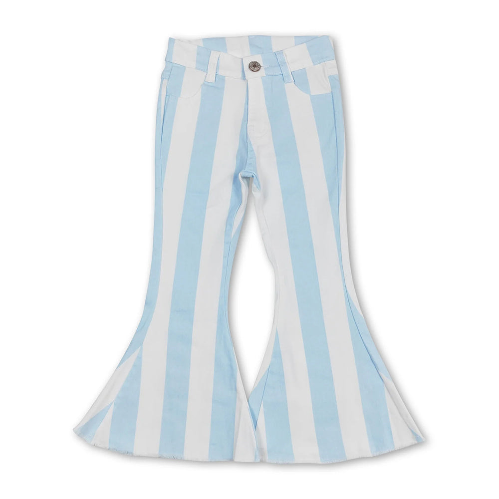 RTS NO MOQ Sibling Denim Baby Girls Casual Striped Bell Bottom Denim Trousers
