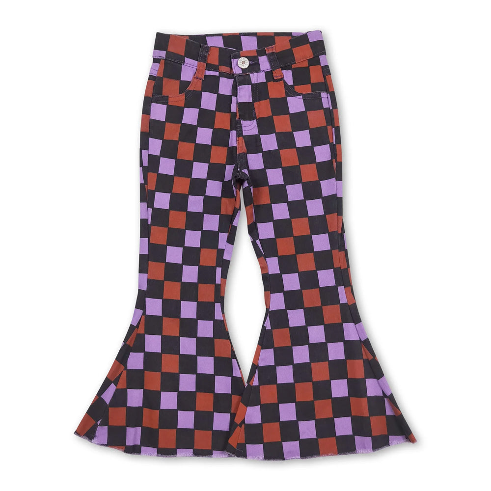 RTS NO MOQ Sibling Denim Baby Girls Checkerboard Flare Bell Bottom Denim Pants