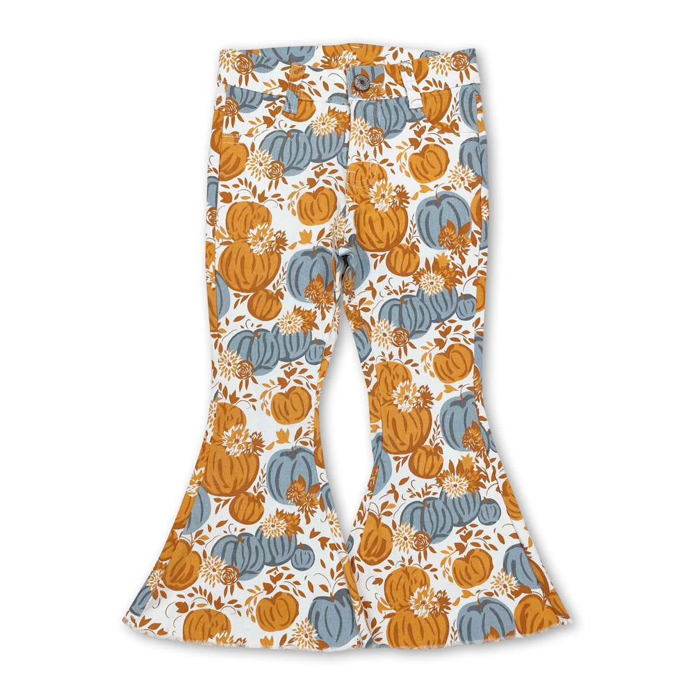 RTS NO MOQ Sibling Denim Baby Girls Leopard Floral And Pumpkin Print Bell Bottom Flare Pants
