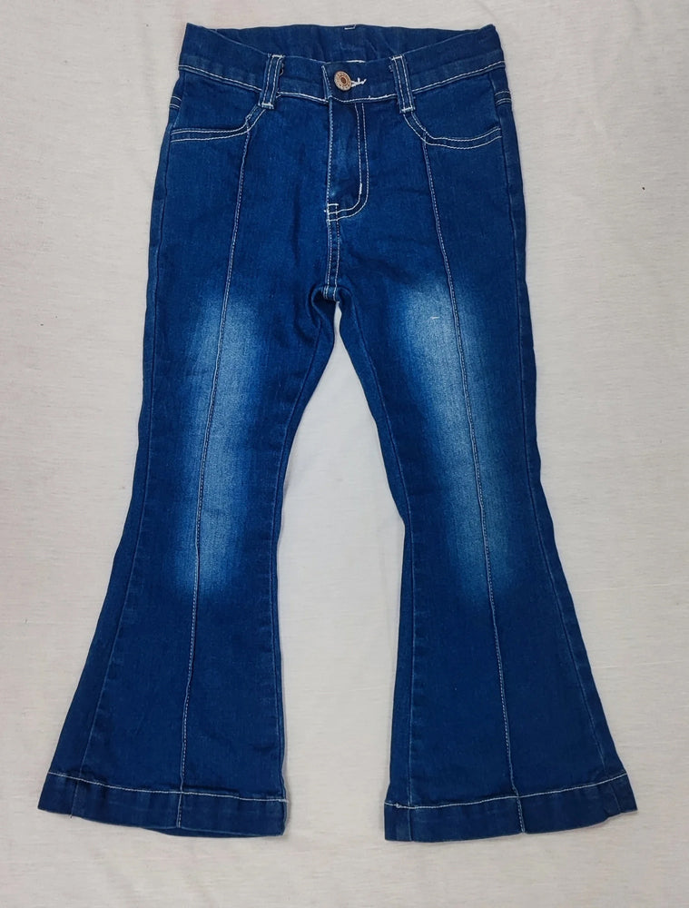 RTS NO MOQ Sibling Denim Baby Girls Denim Bell Bottoms Elastic Waist And Button Fly Flared Jeans