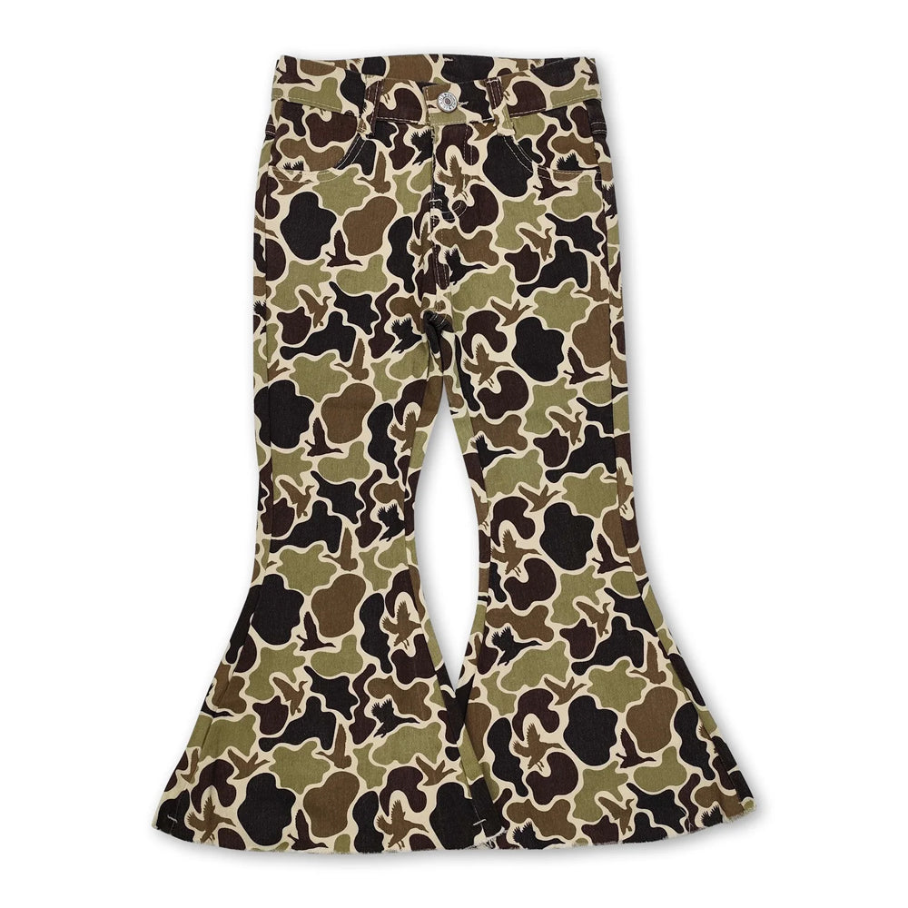 RTS NO MOQ Sibling Denim Adult To Match Kids Duck Camo Flare Bell Bottom Denim Pants