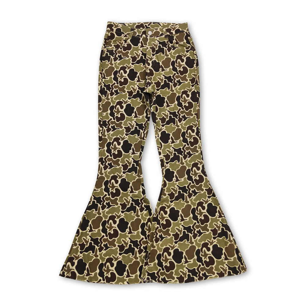 RTS NO MOQ Sibling Denim Adult Women Camo Print Denim Bell Pants Jeans