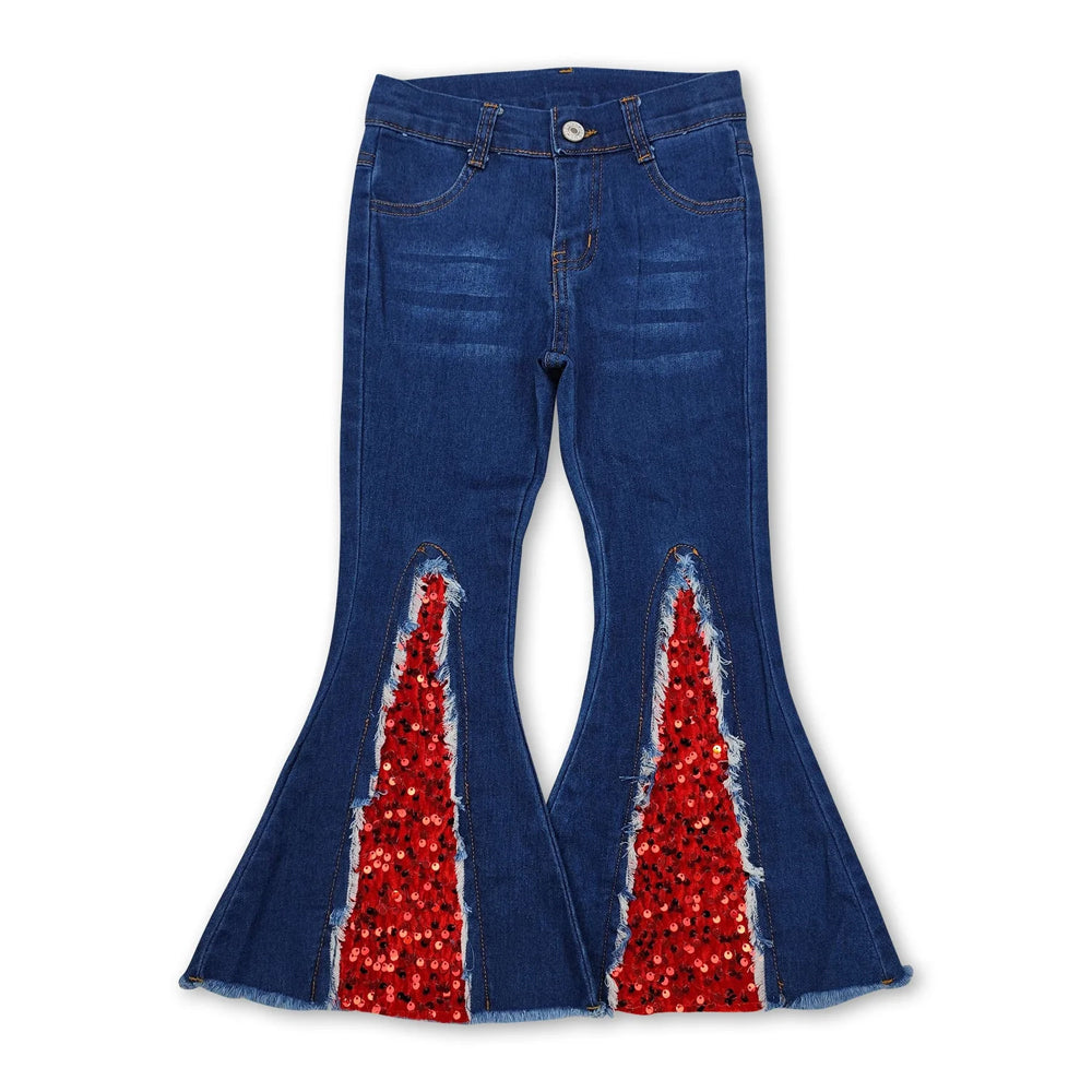 RTS NO MOQ Sibling Denim Baby Girls Denim Bell Bottom Jeans Colorful Sequin Patch Flare Hem