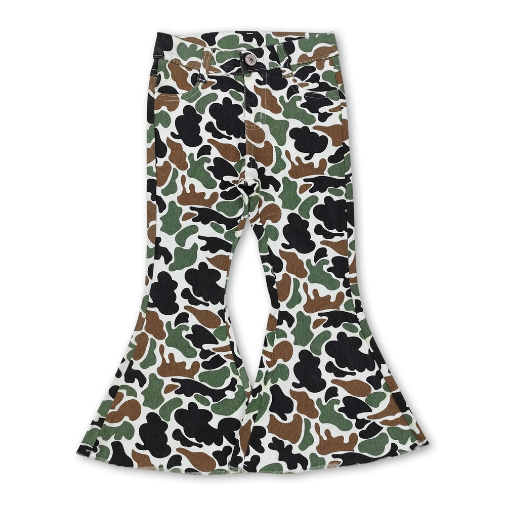 RTS NO MOQ Sibling Denim Baby Kids Camo Print Flare Denim Pants Bell Bottom Camouflage Jeans