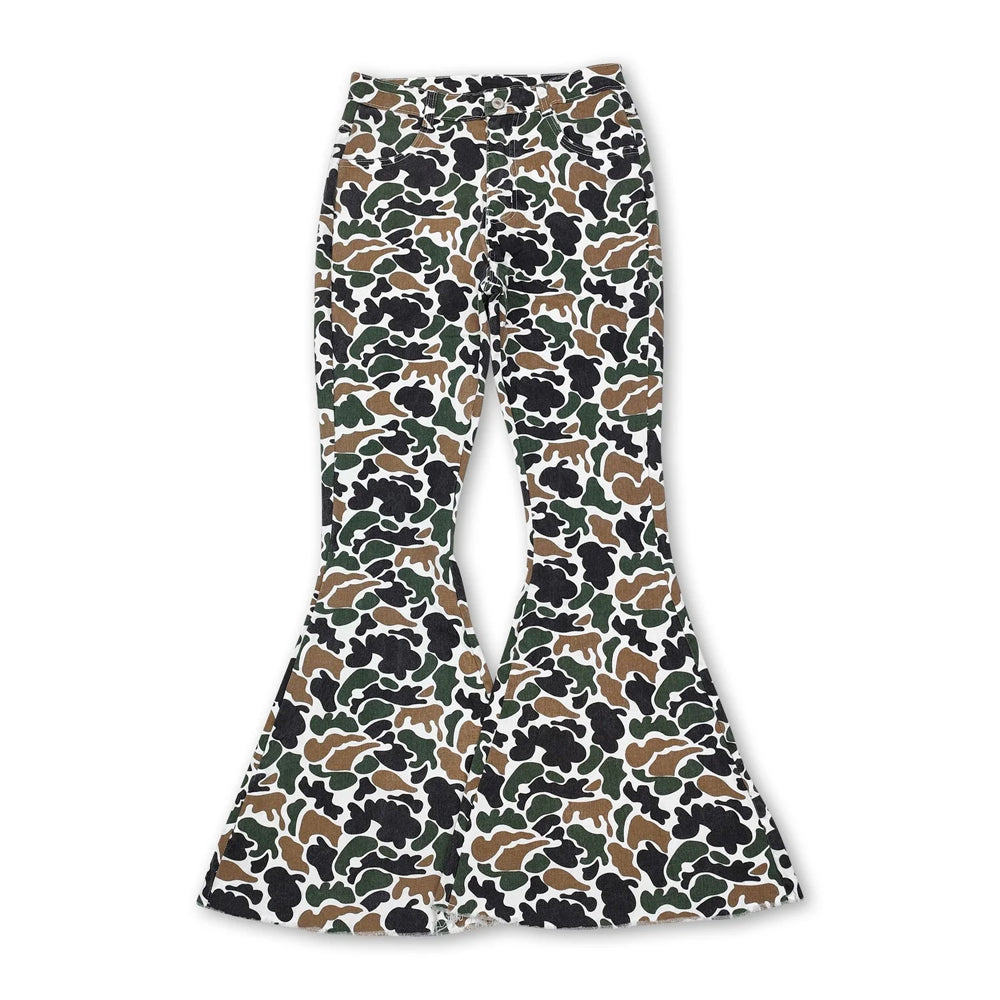 RTS NO MOQ Sibling Denim Adult Women Camo Print Denim Bell Pants Jeans