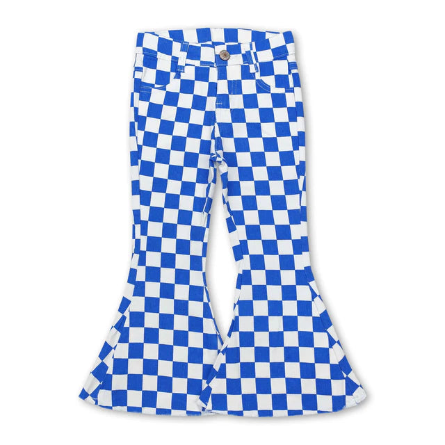 RTS NO MOQ Sibling Girls Boys Checkered Denim Adjustble Waistband Jeans Pants