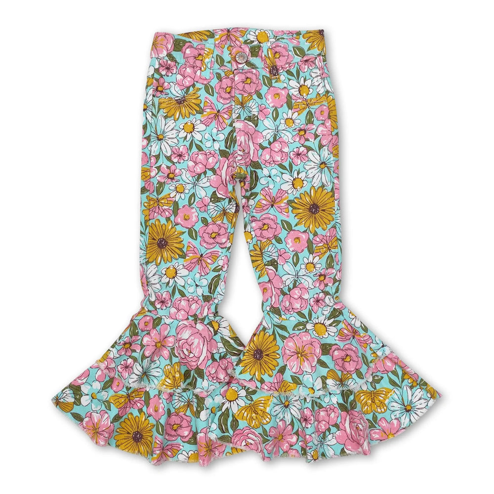 RTS NO MOQ Sibling Denim Baby Girls Cow Print Ruffle Bell Bottom Flare Denim Pants