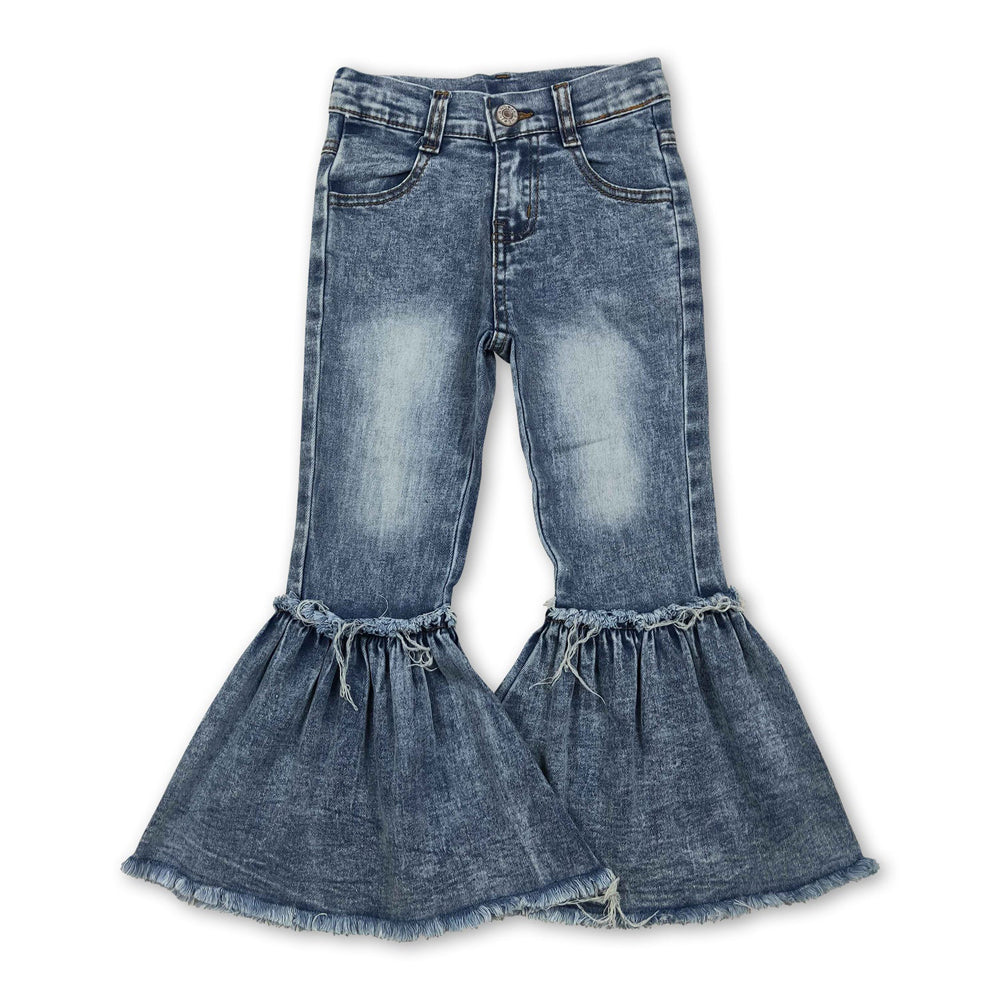 RTS NO MOQ Sibling Denim Baby Kids Ruffle Bell Bottom Jeans Denim Flared Trousers