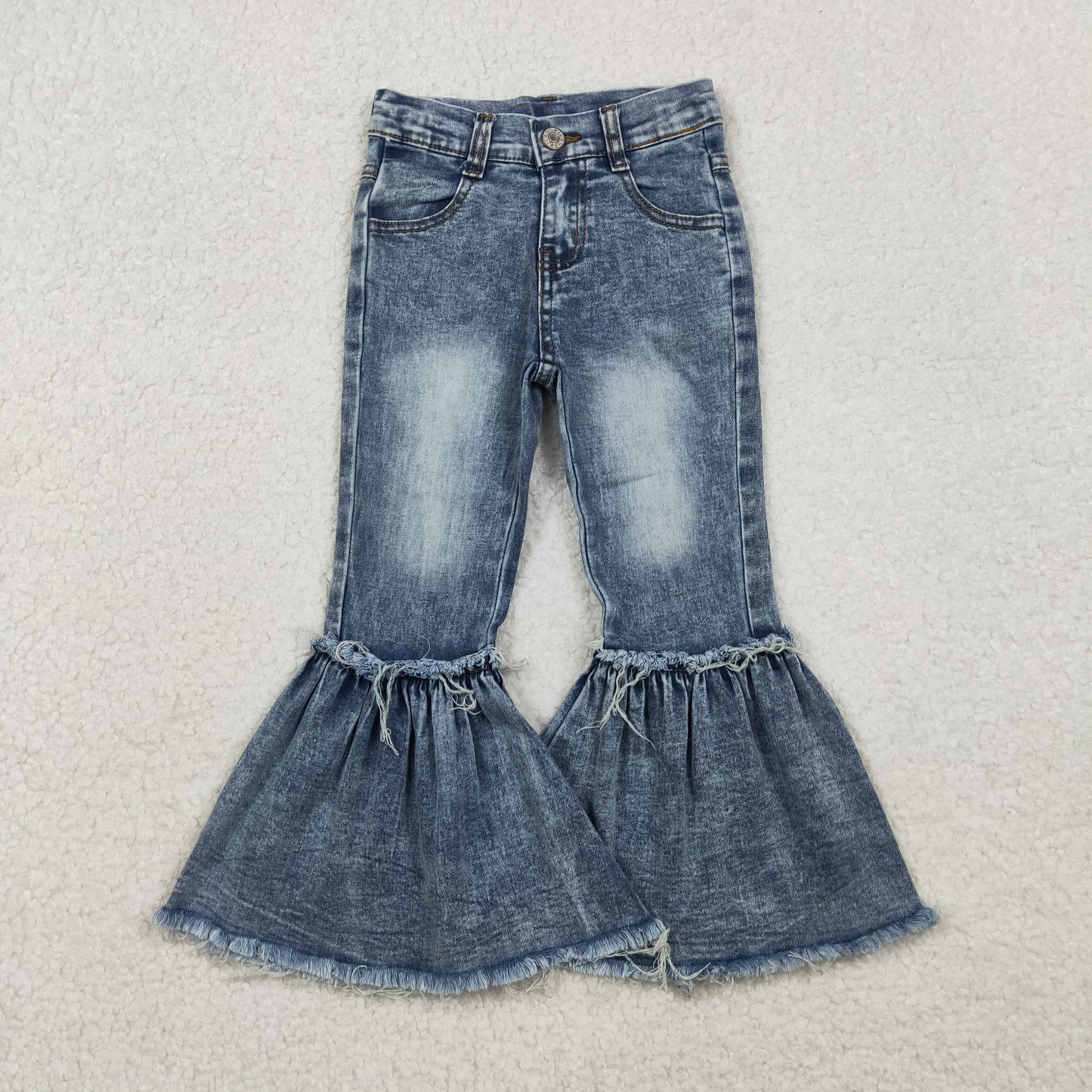 RTS NO MOQ GT0460+P0676 Baby Girls Blue Cotton Flutter Sleeve Tunic Tops Navy Bleached Denim Flare Pants
