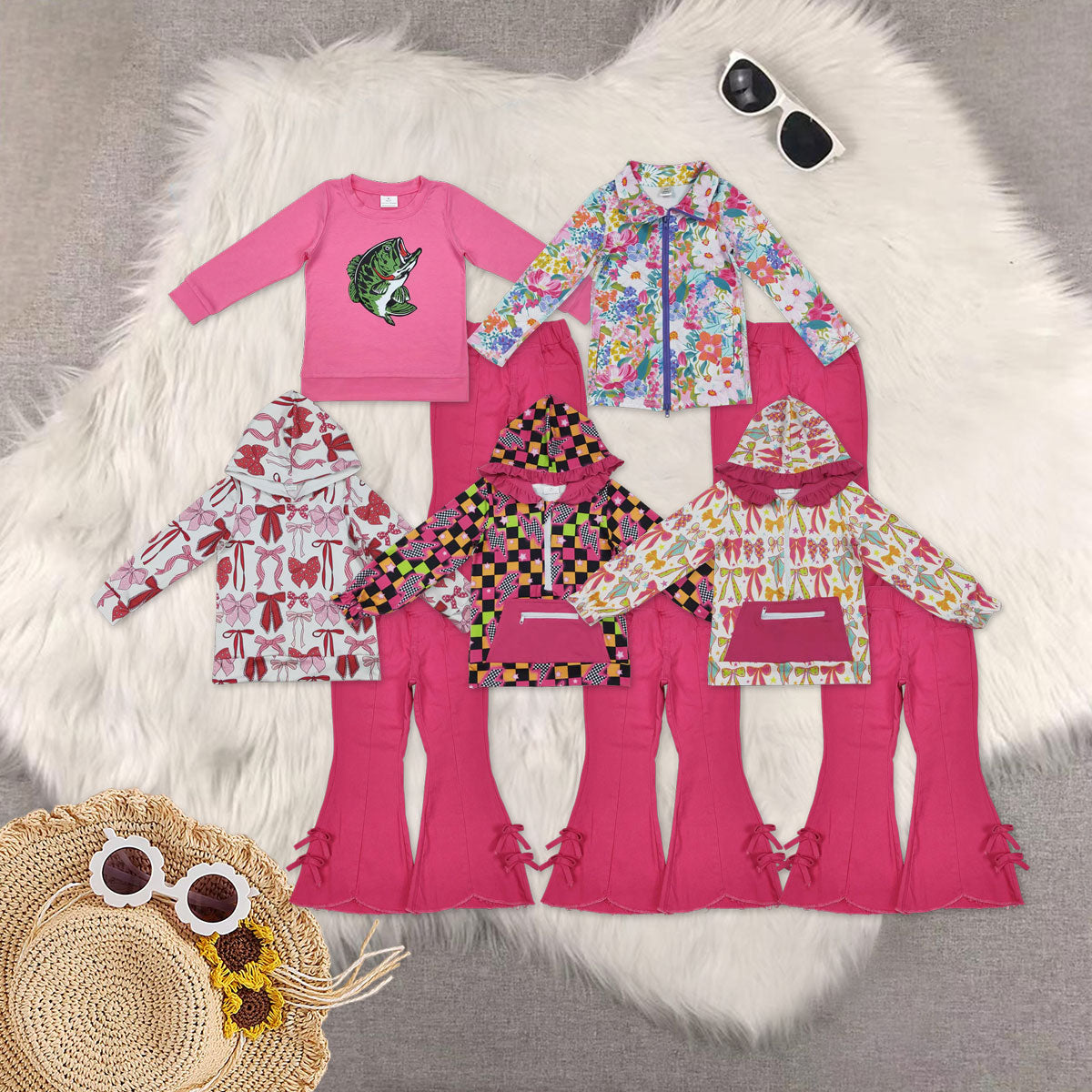 RTS NO MOQ Sibling baby girl clothes bow hooded long sleeve top elastic waist denim pants sets 5