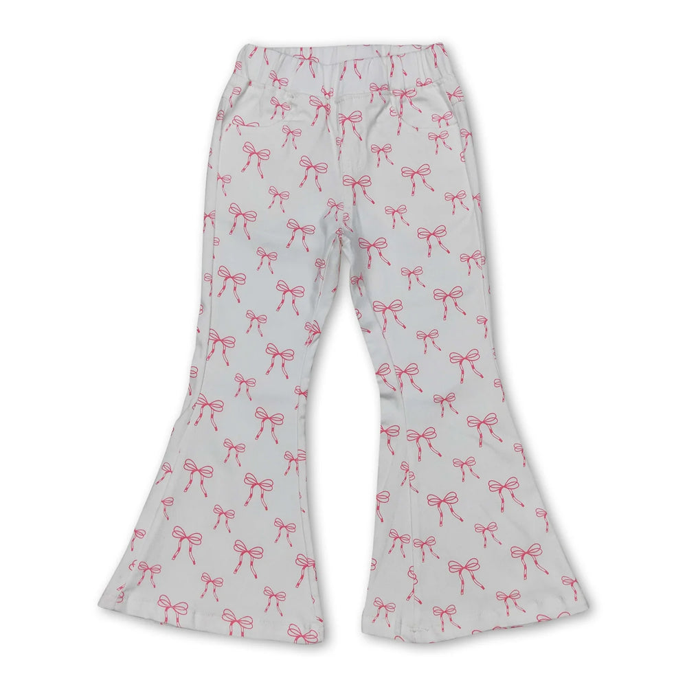 RTS NO MOQ Sibling Denim Baby Girls Pink Strawberry Horse And Bow Print Bell Bottom Flare Pants