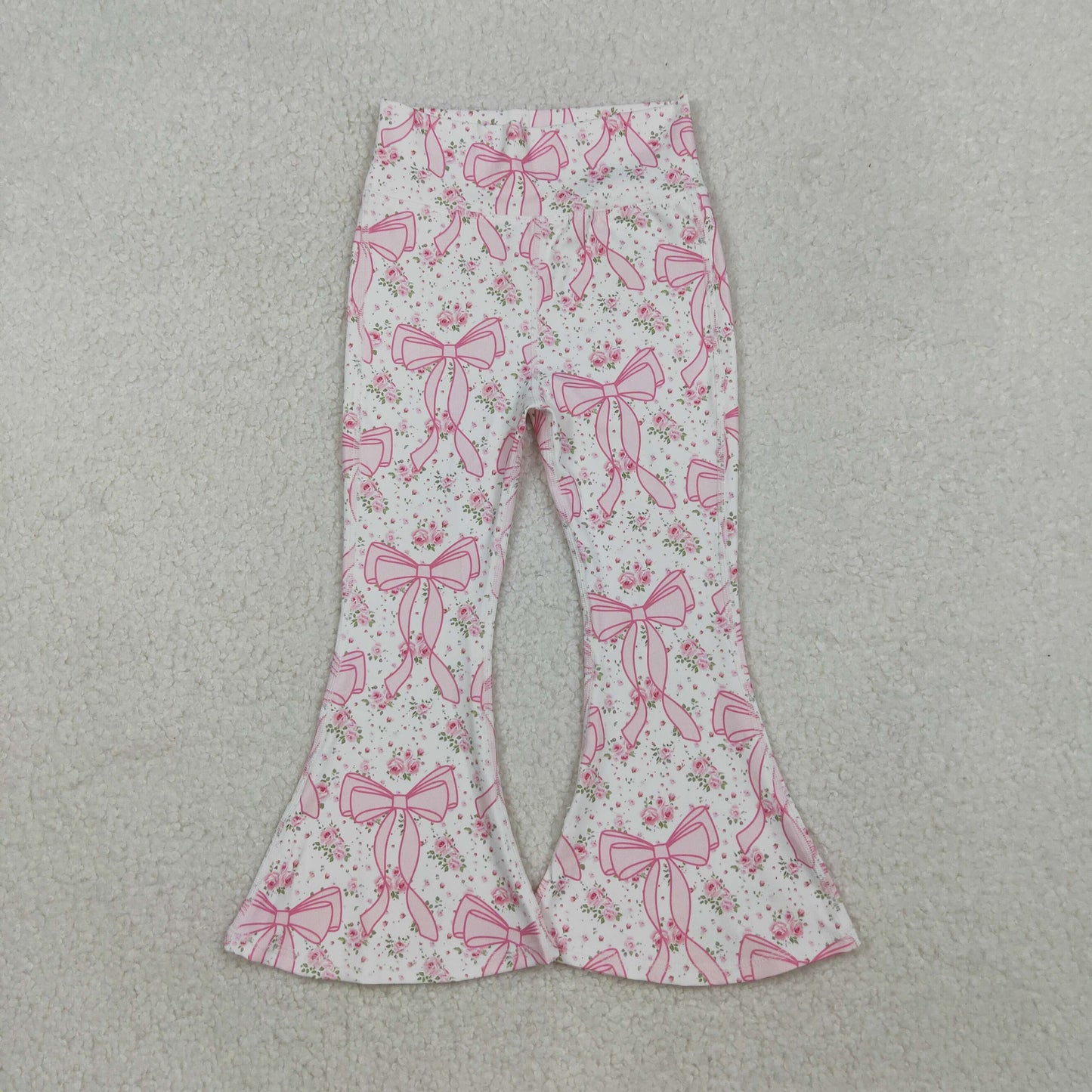 RTS NO MOQ GT0391+P0773 Baby Girls Easter Pink Rabbits Bunny Puffy Short Sleeve Shirt Tops And Pink Floral Bows Bell Bottom Yoga Active Pants