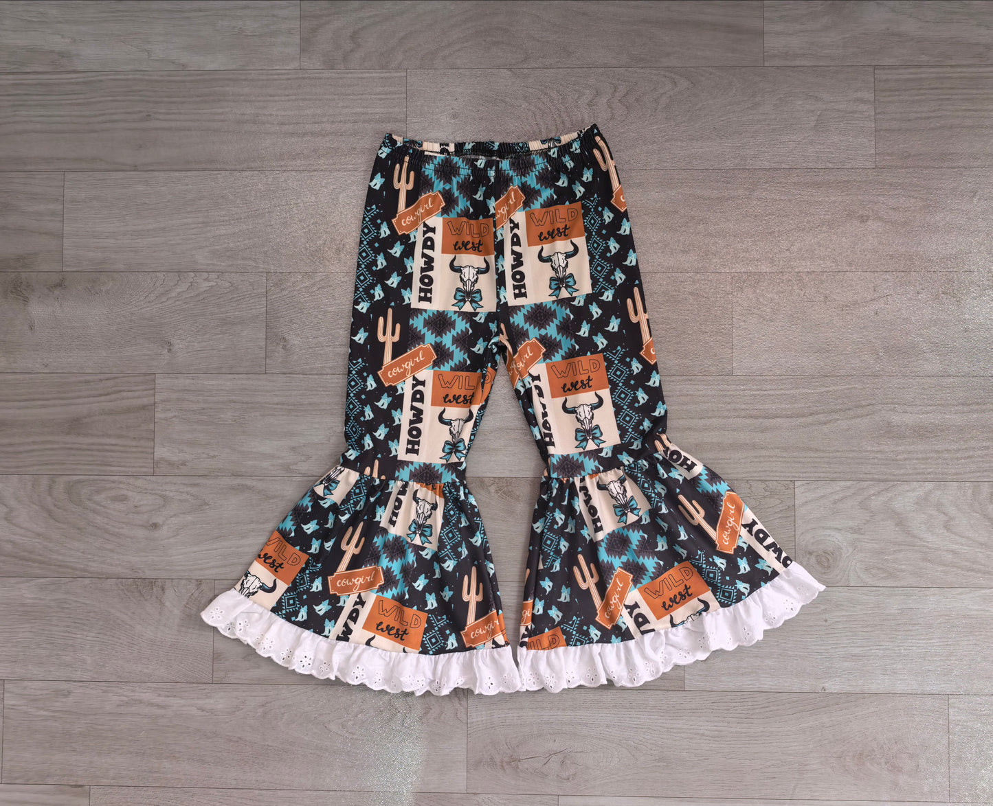(Sample) No moq milk silk P0781 Baby Girls Blue Aztec Bow Bull Skull Plaid Bell Bottom Pants