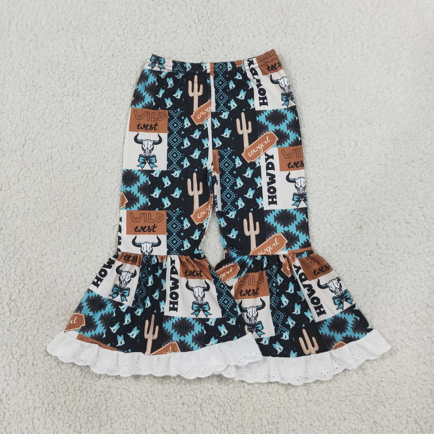 NEW RTS NO MOQ milk silk P0781 Baby Girls Blue Aztec Bow Bull Skull Plaid Bell Bottom Casual Pants