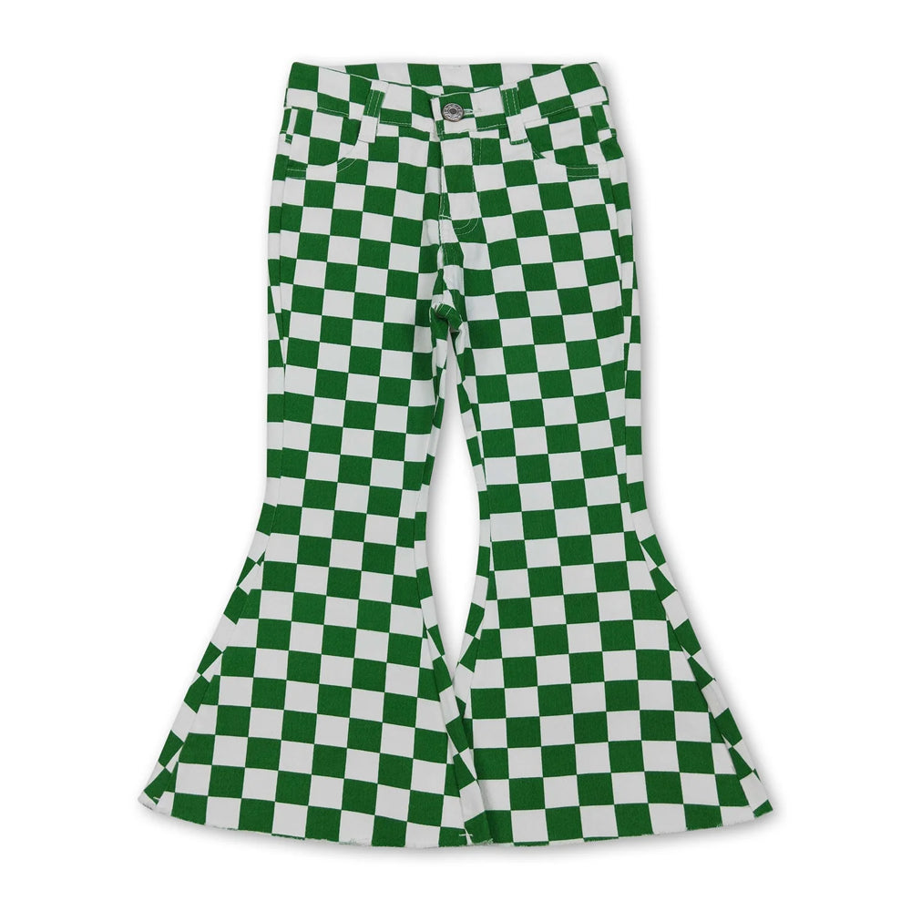 RTS NO MOQ Sibling Denim Baby Girls Checkerboard Flare Bell Bottom Denim Pants