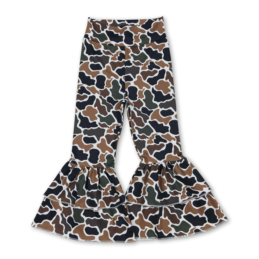RTS NO MOQ Sibling yoga fabric Baby Girls Camo Print Yoga Active Ruffle Bell Bottom Pants