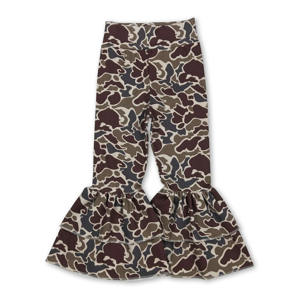 RTS NO MOQ Sibling yoga fabric Baby Girls Camo Print Yoga Active Ruffle Bell Bottom Pants