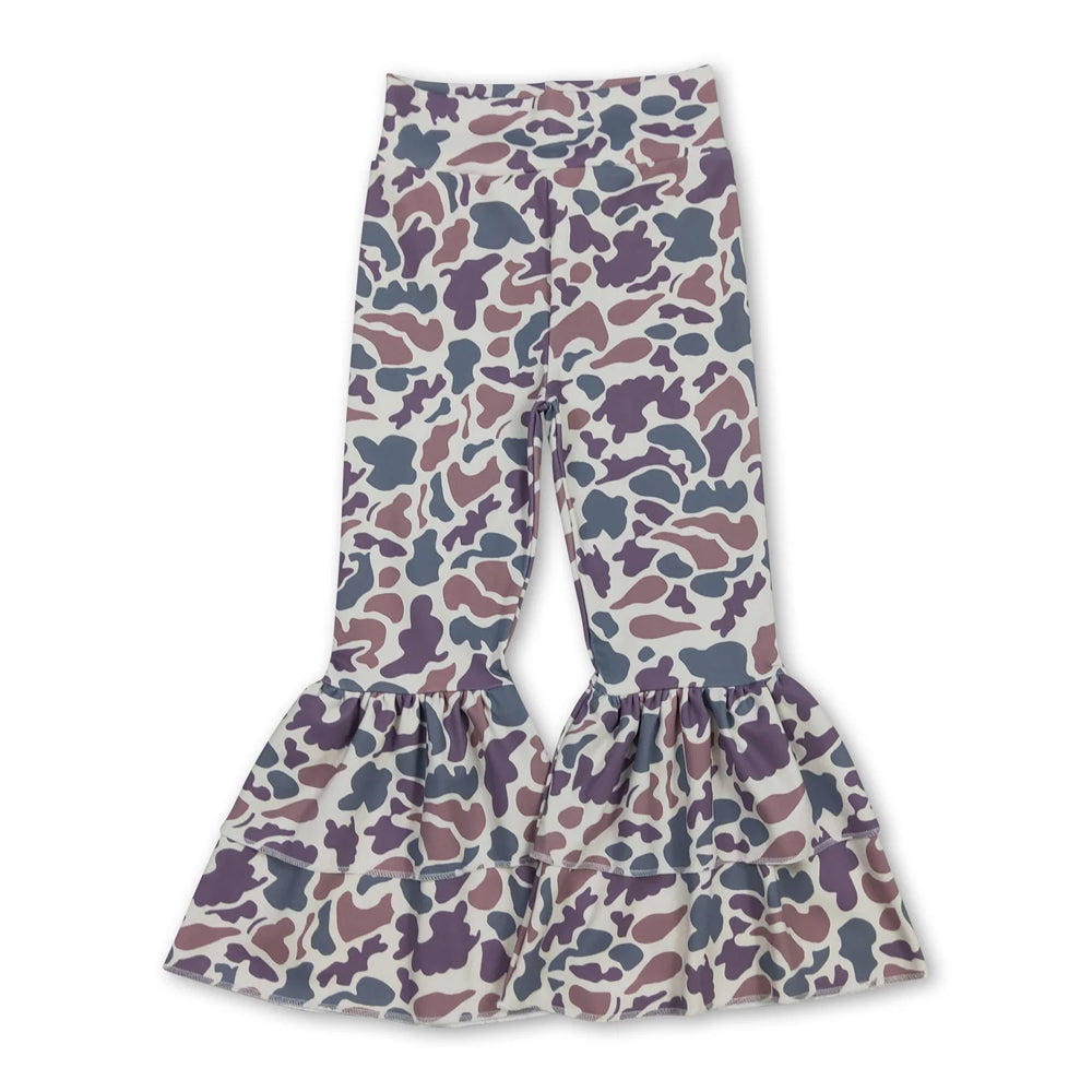 RTS NO MOQ Sibling yoga fabric Baby Girls Camo Print Yoga Active Ruffle Bell Bottom Pants