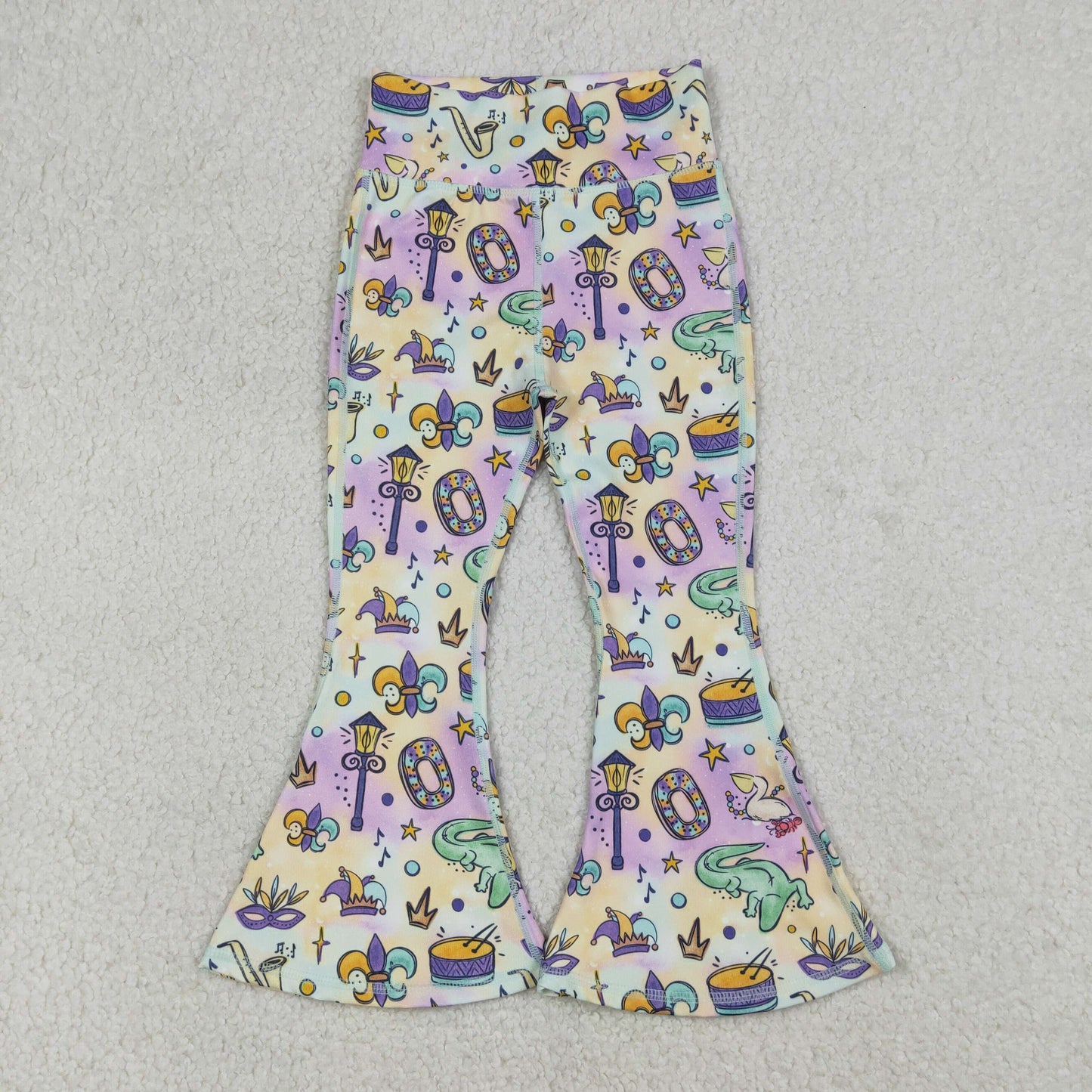 RTS NO MOQ GT0461+P0938 Baby Girls Lavender Flutter Sleeve Tunic Tops And Mardigras Yoga Active Bell Bottom Pants