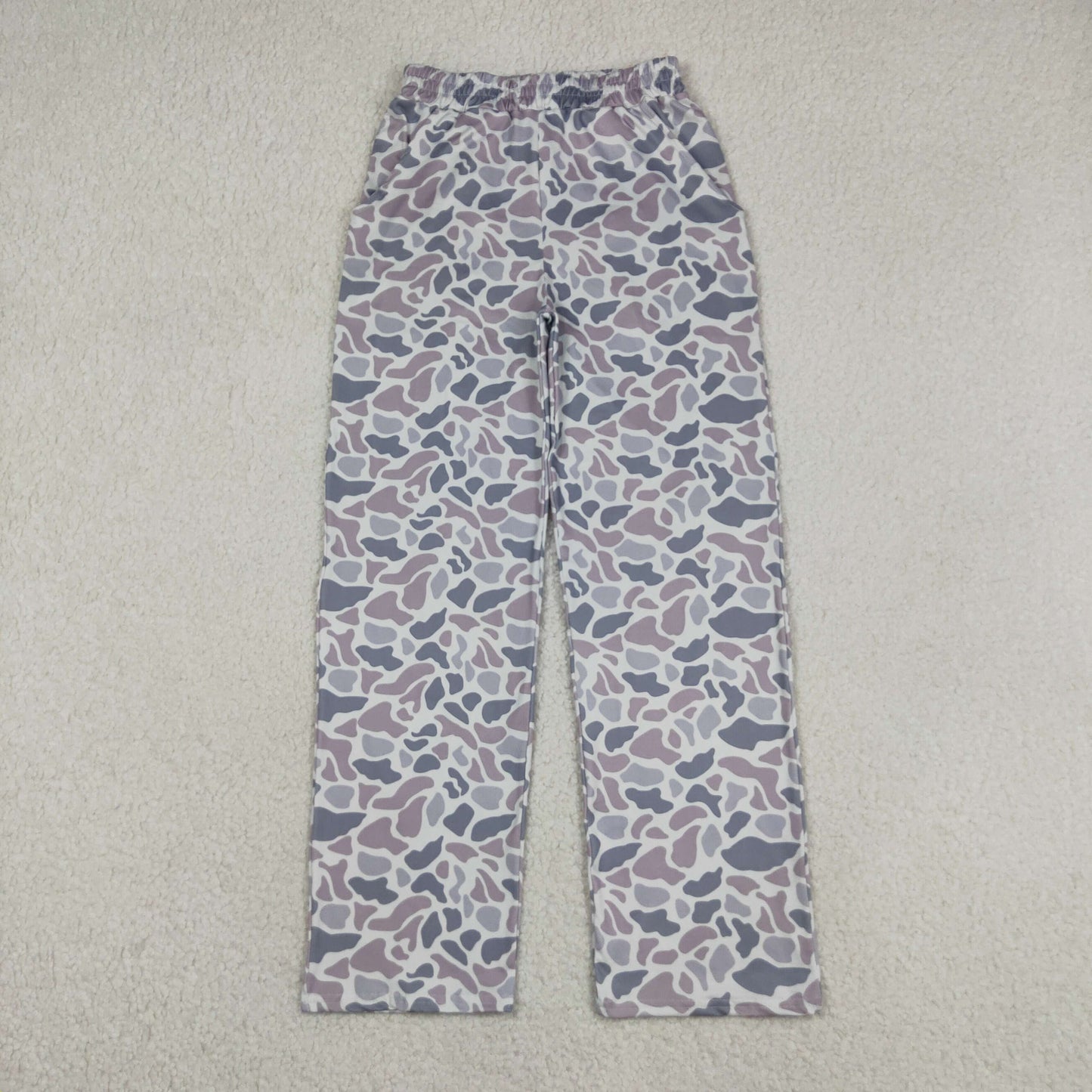 RTS NO MOQ milk silk P0994 Adult Women's Grey Camo Printed Straight Pants With Pockets