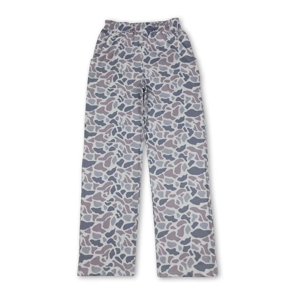 RTS NO MOQ Sibling milk silk Adult Camo Print Wide Leg Pants Casual Pajamas