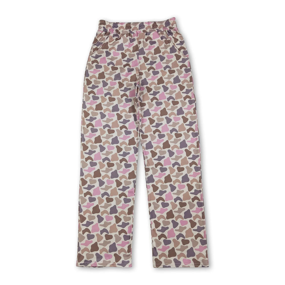 RTS NO MOQ Sibling milk silk Adult Camo Print Wide Leg Pants Casual Pajamas