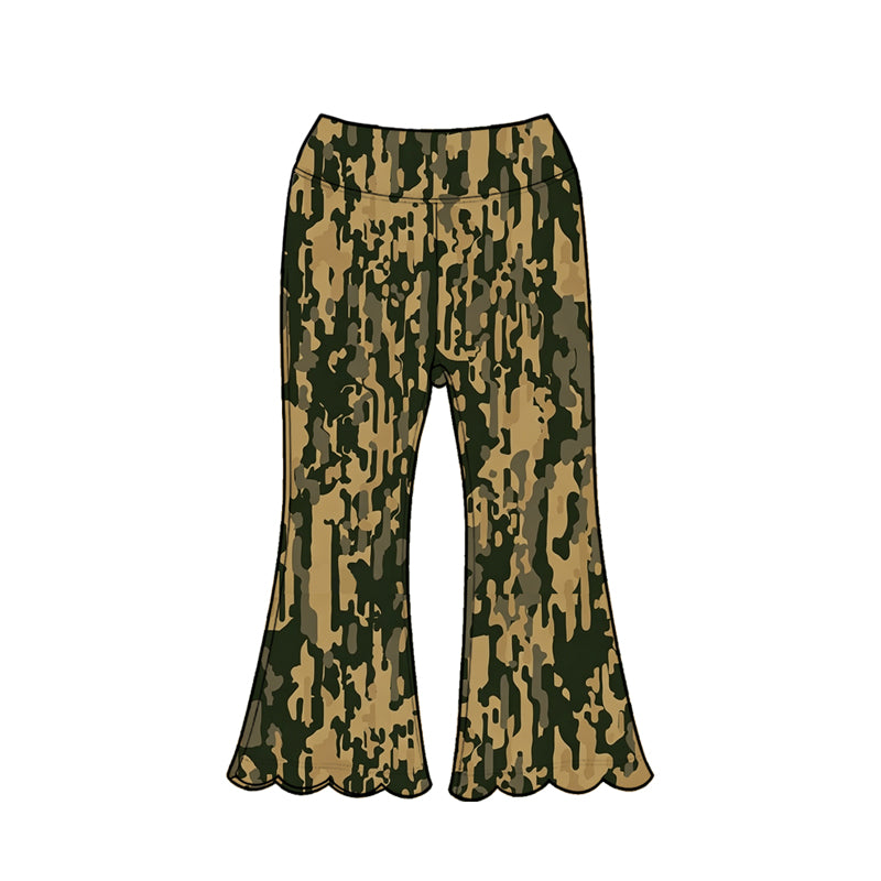(Pre Order) No moq Baby Girls Green Deer Pocket Pullover Scallop Hem Flare Pants Set