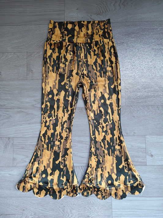 (Sample) No moq milk silk P1039 Baby Girls Fall Leaf Camo Print Scallop Hem Flare Pants Casual Bottoms