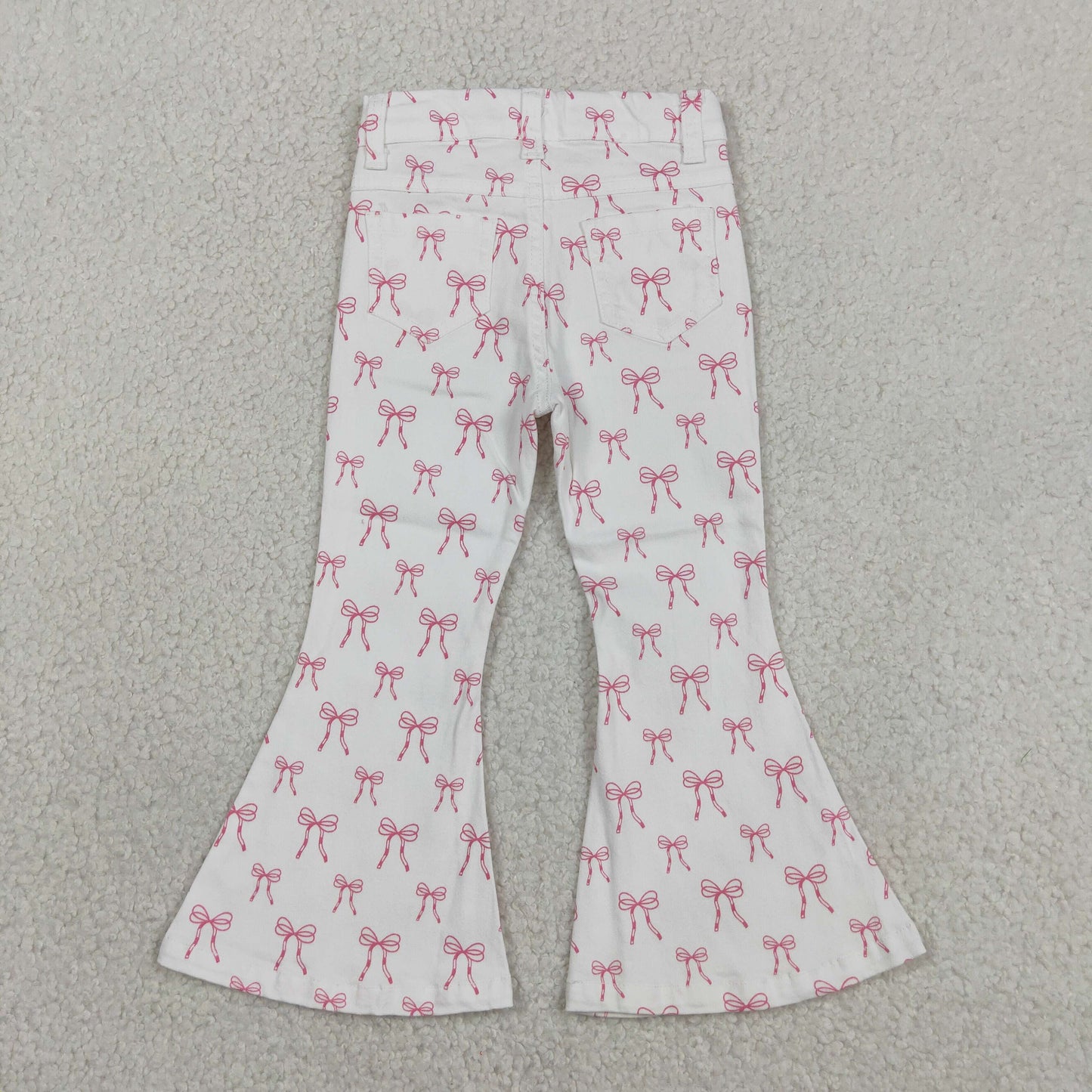 RTS NO MOQ milk silk P1042 Baby Girls Cute Pink Bows Denim Pocket Bell Bottom Pants（3T-14-16T）