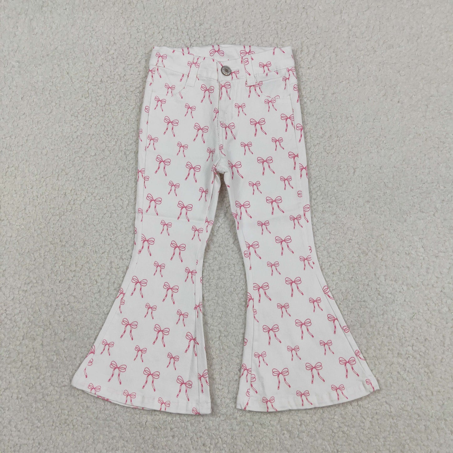 RTS NO MOQ milk silk P1042 Baby Girls Cute Pink Bows Denim Pocket Bell Bottom Pants（3T-14-16T）