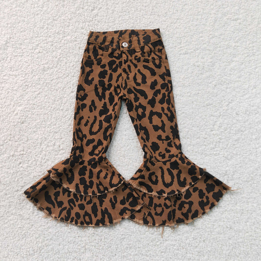 RTS NO MOQ  Denim P1050 Baby Girls Black Leopard Print Brown Denim Long Pants