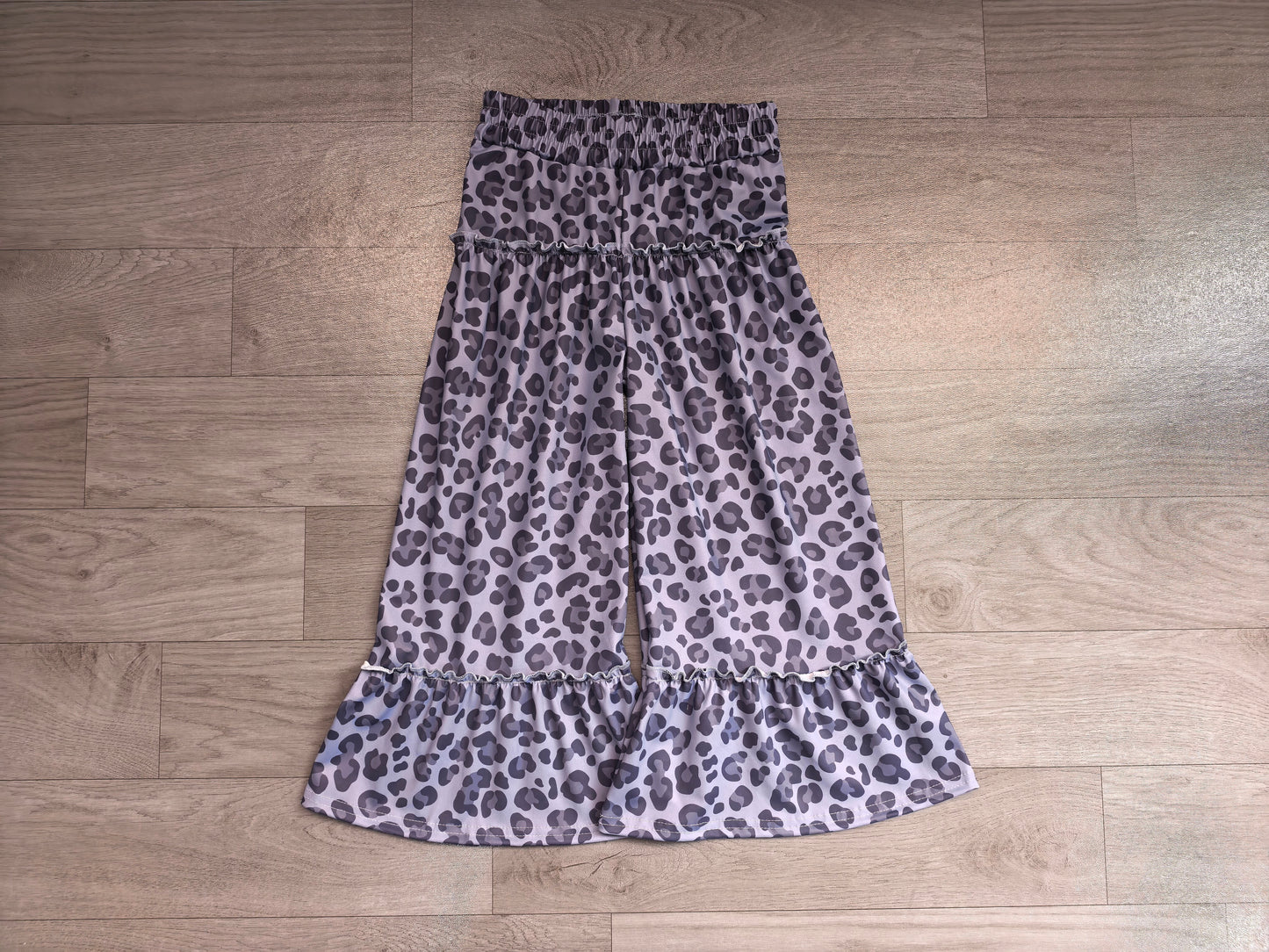 (Sample) No moq Yoga P1055 Baby Girls Grey Leopard Yoga Active Bell Bottom Pants