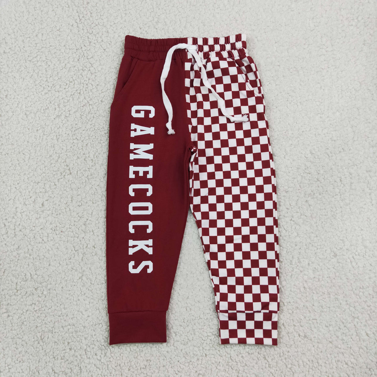 NEW RTS NO MOQ milk silk P1064 Baby Boys Red Checked Team Pockets Jogger Pants Bottom