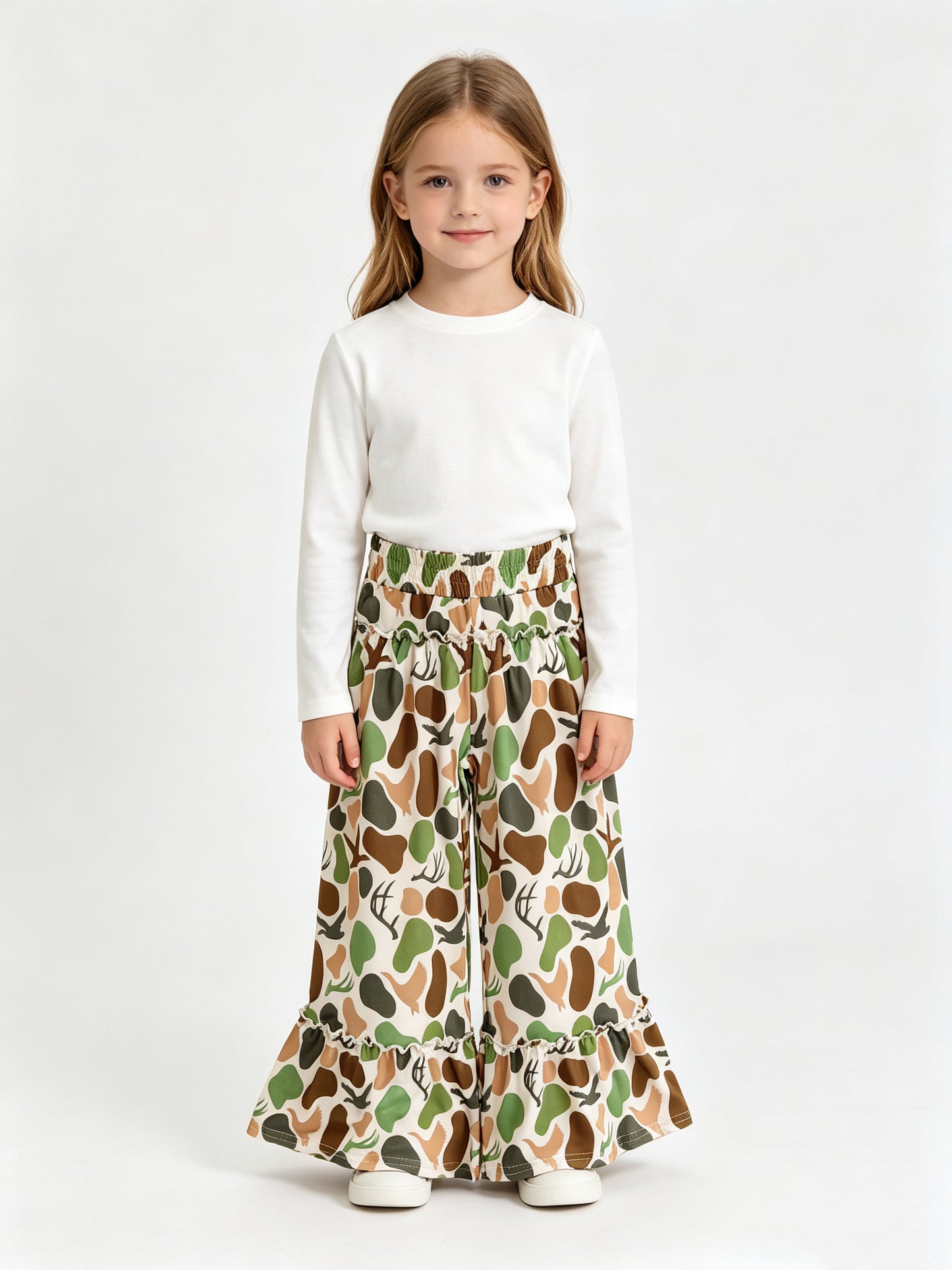 (Sample) No moq milk silk P1065 Baby Girls Green Brown Camo Deer Ducks Hunting Bell Bottom Pants Cute Bottom