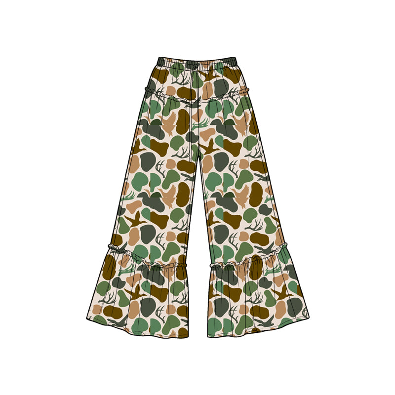 (Preorder new) No moq Baby Girls Green Brown Camo Deer Duck Print Bell Bottom Pants