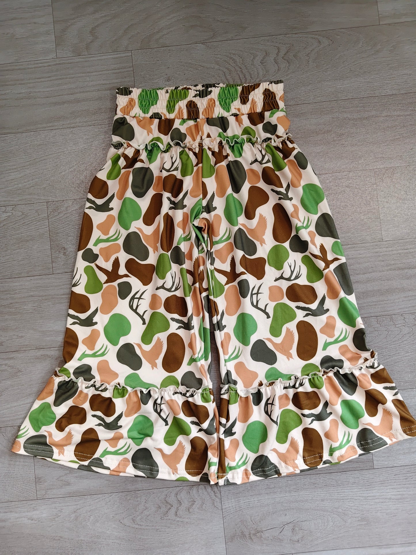 (Sample) No moq milk silk P1065 Baby Girls Green Brown Camo Deer Ducks Hunting Bell Bottom Pants Cute Bottom