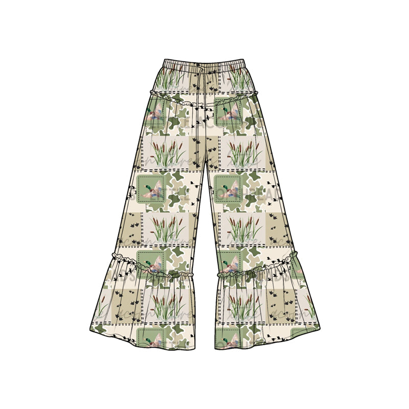 (Preorder new) No moq Baby Girls Green Brown Camo Deer Duck Print Bell Bottom Pants