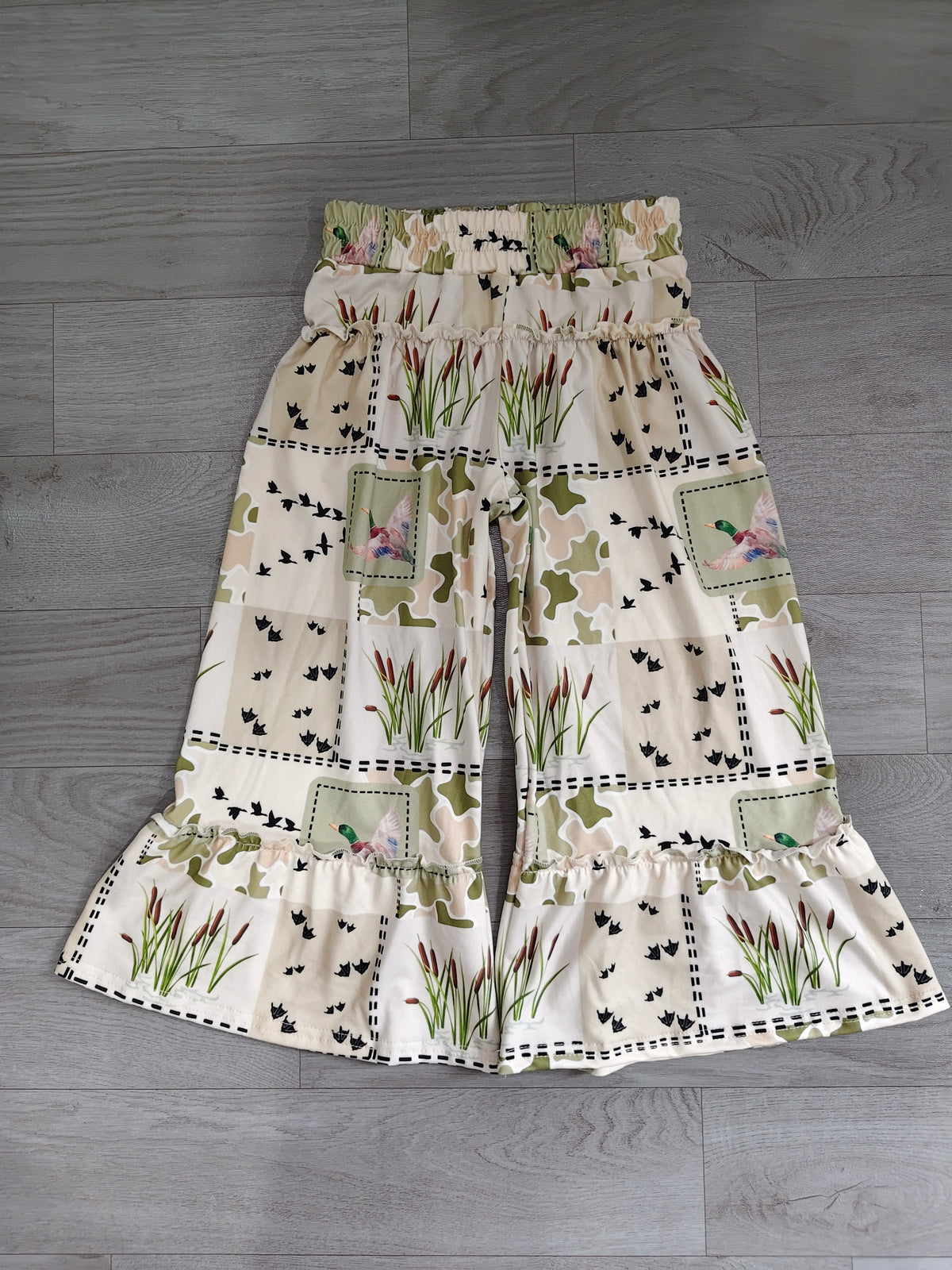(Sample) No moq milk silk P1067 Baby Girls Green Camo Ducks Checked Hunting Bell Bottom Pants Cute Bottom