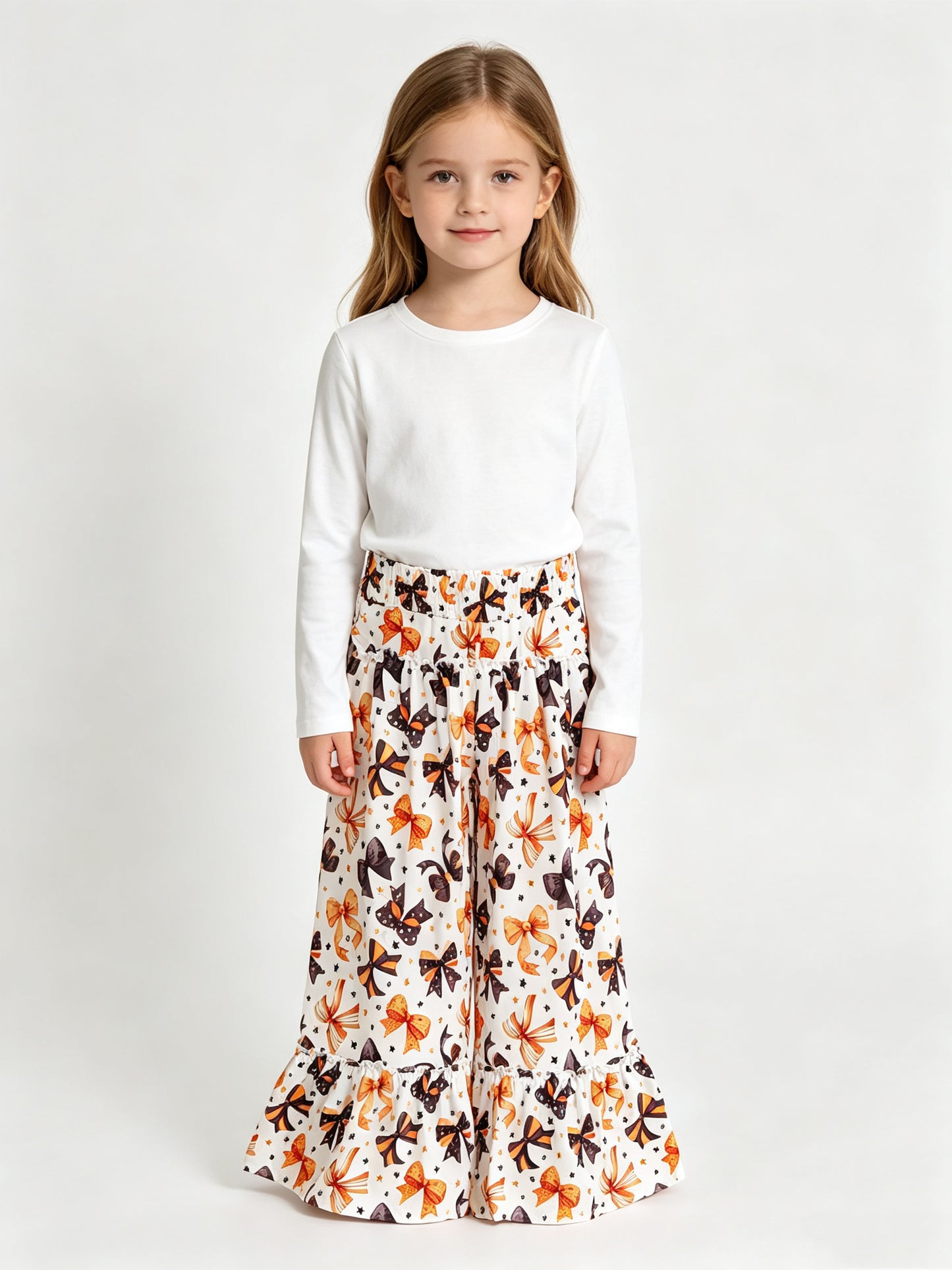 (Sample) No moq milk silk P1068 Baby Girls Black Orange Bows Stars Bell Bottom Pants Halloween Cute Bottom