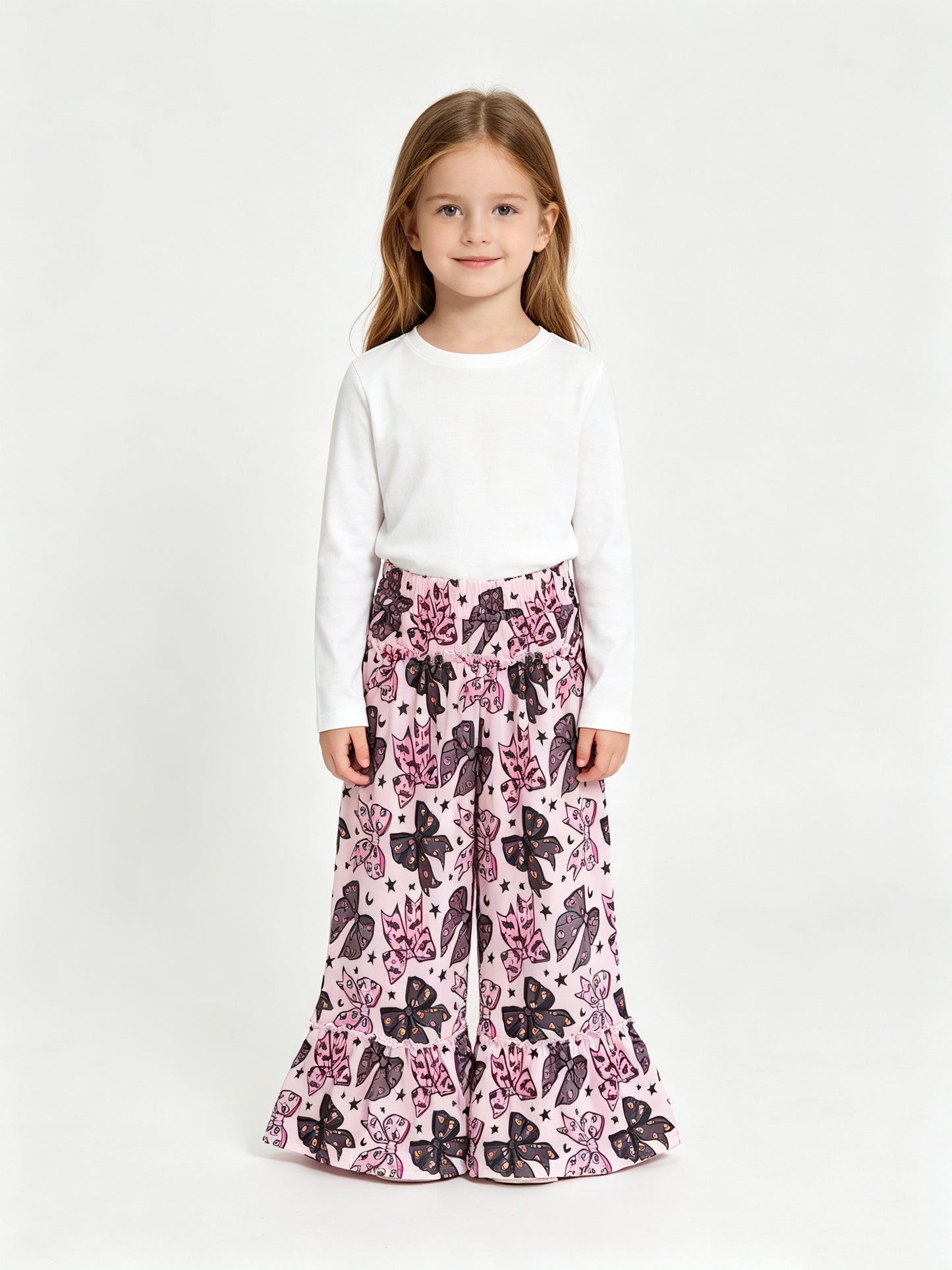 (Sample) No moq milk silk P1069 Baby Girls Black Pink Ghost Bows Stars Halloween Bell Bottom Pants Cute Bottom