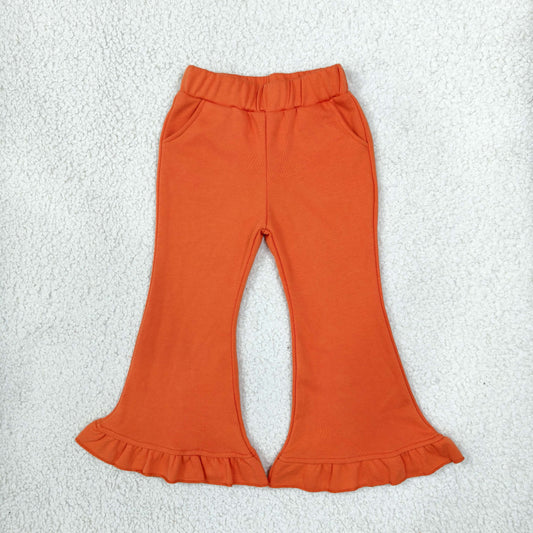 NEW RTS NO MOQ fleece P1073 Baby Girls Orange Sweater Fabric Ruffle Flare Pants Bottom
