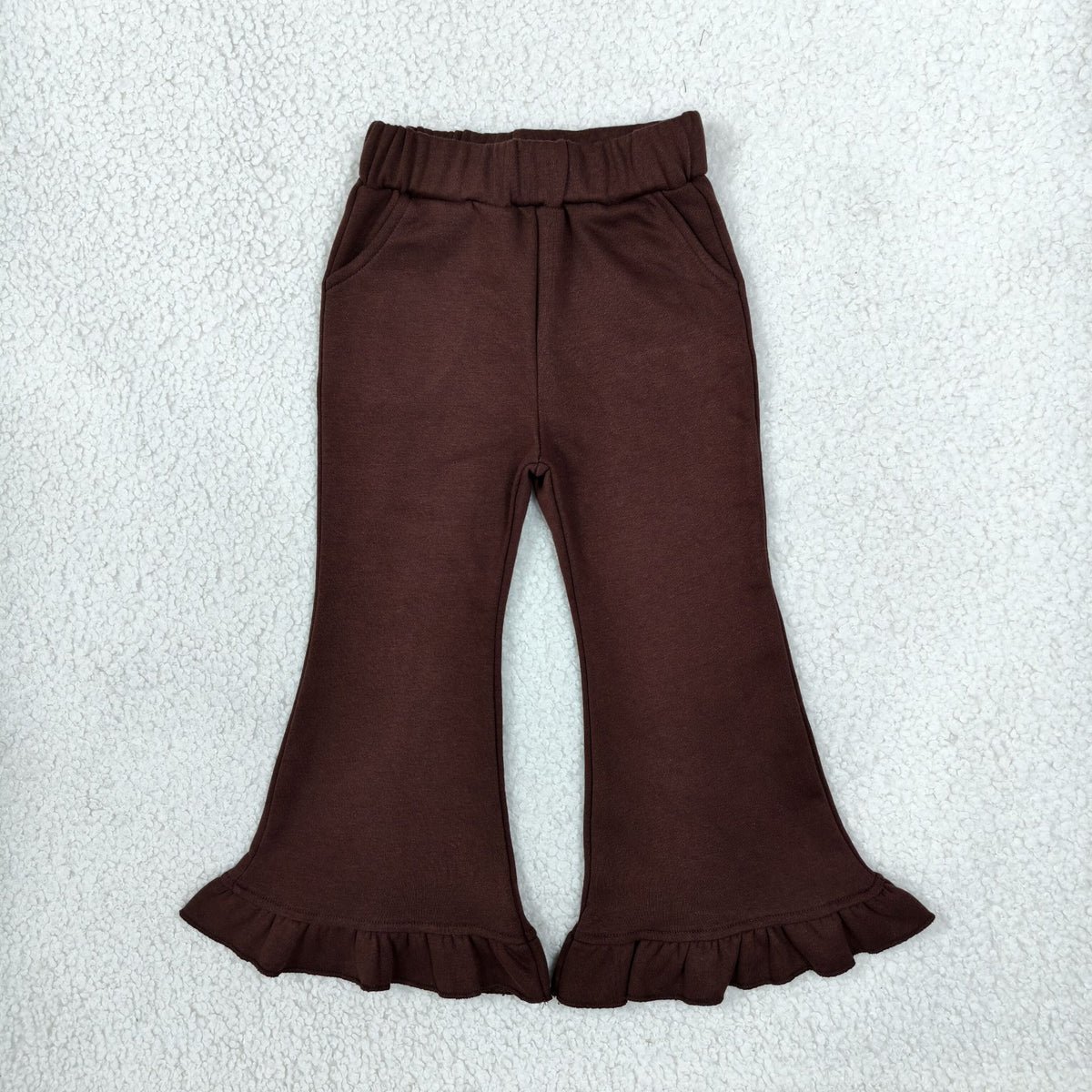 NEW RTS NO MOQ fleece P1074 Baby Girls Brown Sweater Fabric Ruffle Flare Pants Bottom