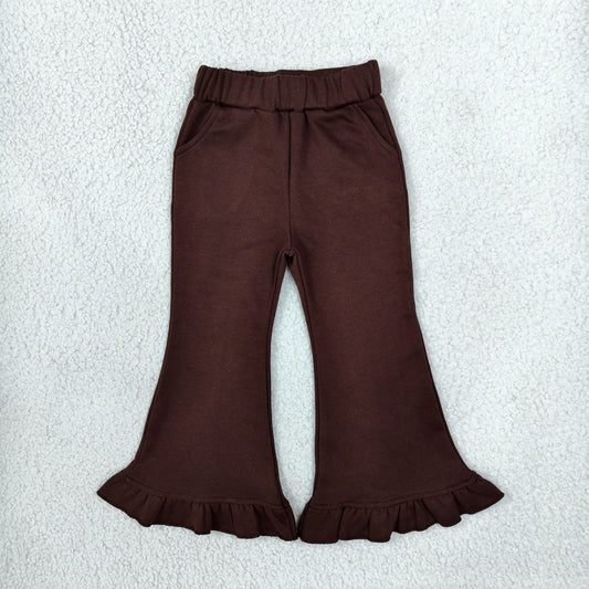 NEW RTS NO MOQ fleece P1074 Baby Girls Brown Sweater Fabric Ruffle Flare Pants Bottom