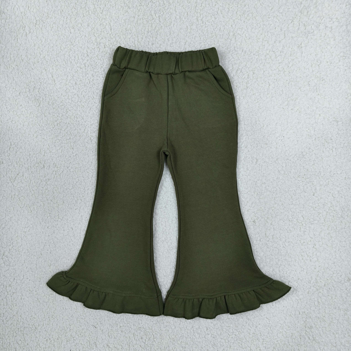 NEW RTS NO MOQ fleece P1075 Baby Girls Olive Sweater Fabric Ruffle Flare Pants Bottom