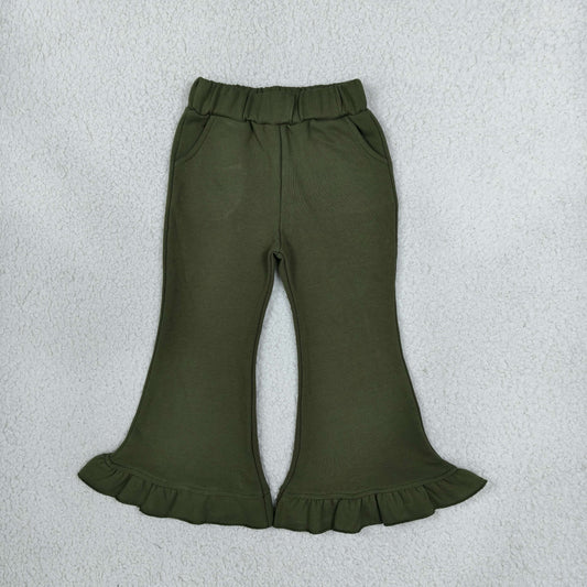 NEW RTS NO MOQ fleece P1075 Baby Girls Olive Sweater Fabric Ruffle Flare Pants Bottom