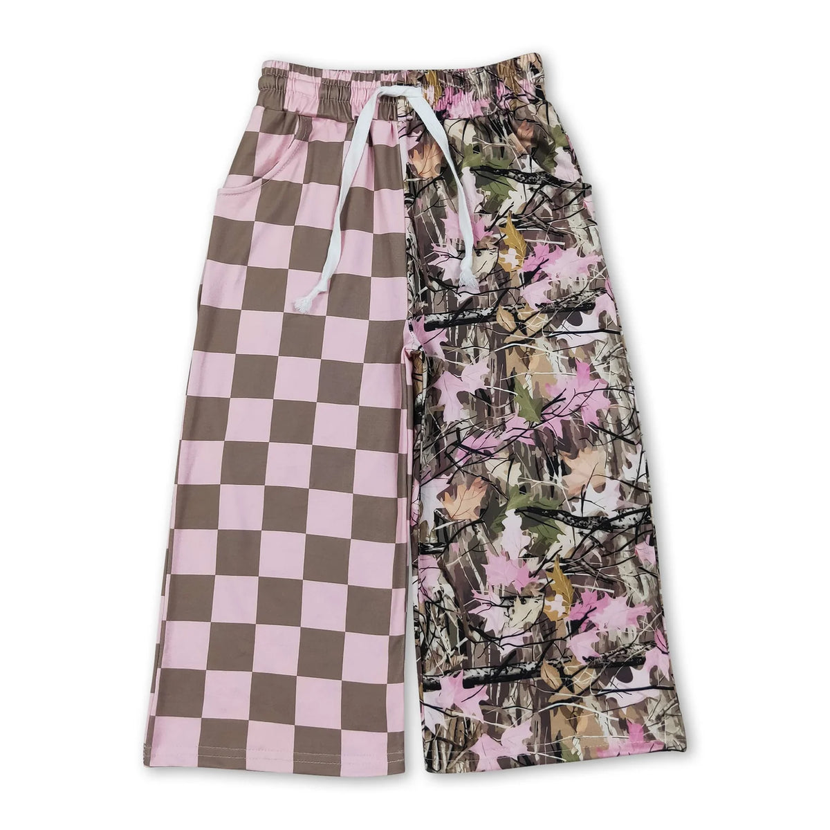 RTS NO MOQ Sibling milk silk Adult To Match Kids Split Print Checker And Camo Elastic Waist Casual Wide Leg Trousers
