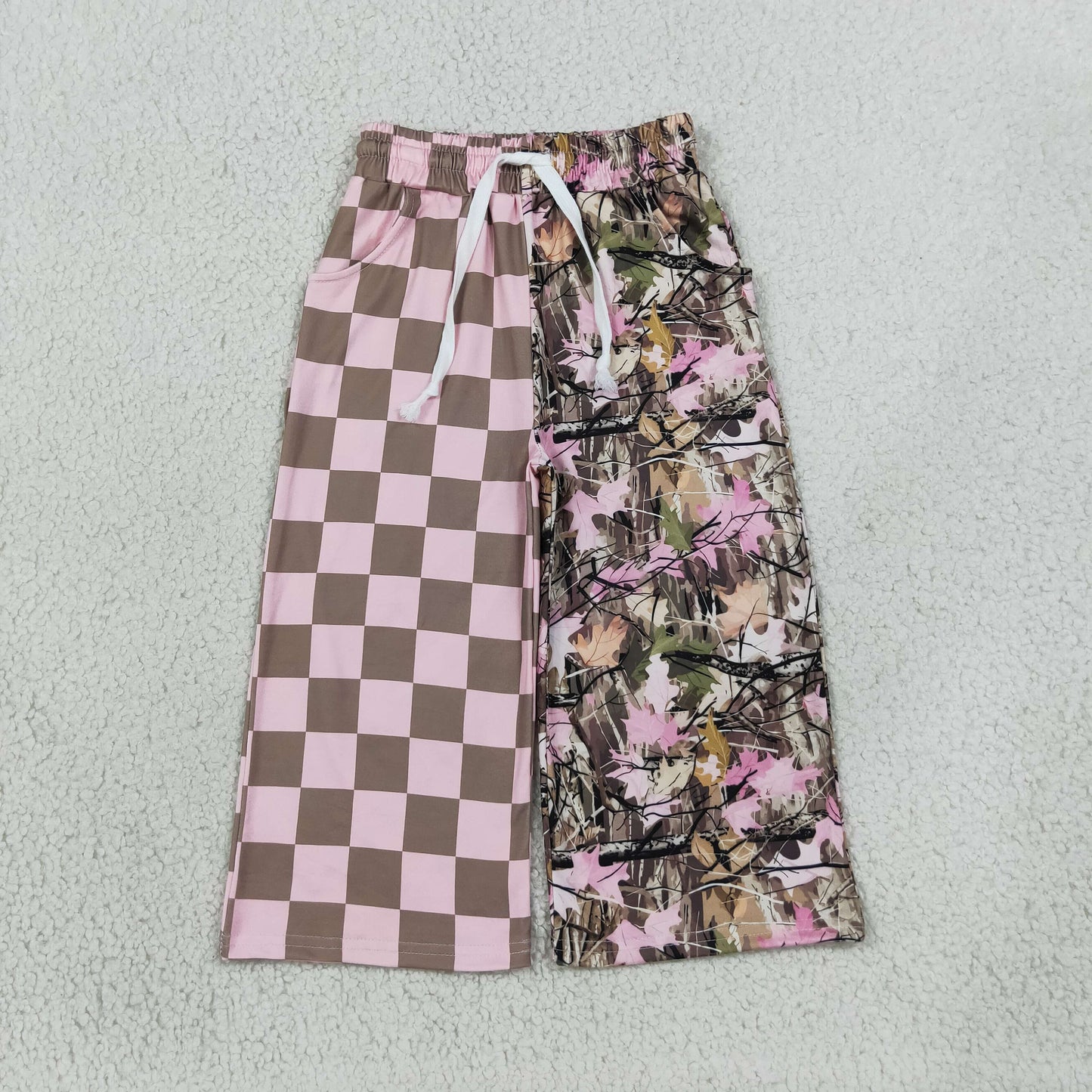 NEW RTS NO MOQ milk silk P1093 Baby Girls Pink Checked Leaves Pants Casual Bottom