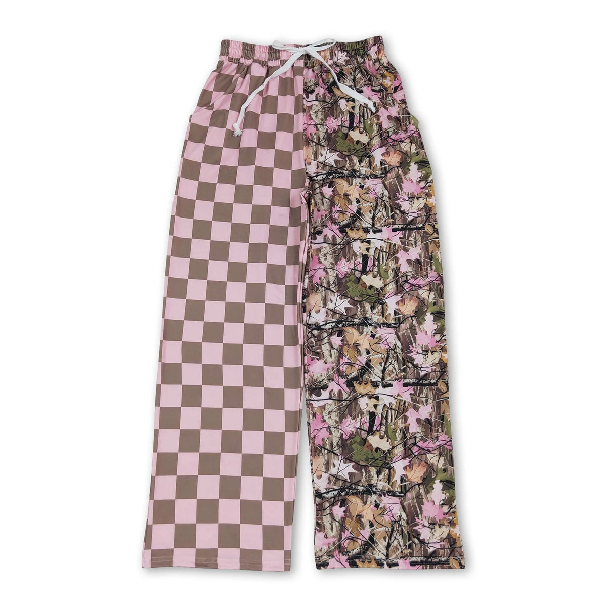 RTS NO MOQ Sibling milk silk Adult To Match Kids Split Print Checker And Camo Elastic Waist Casual Wide Leg Trousers