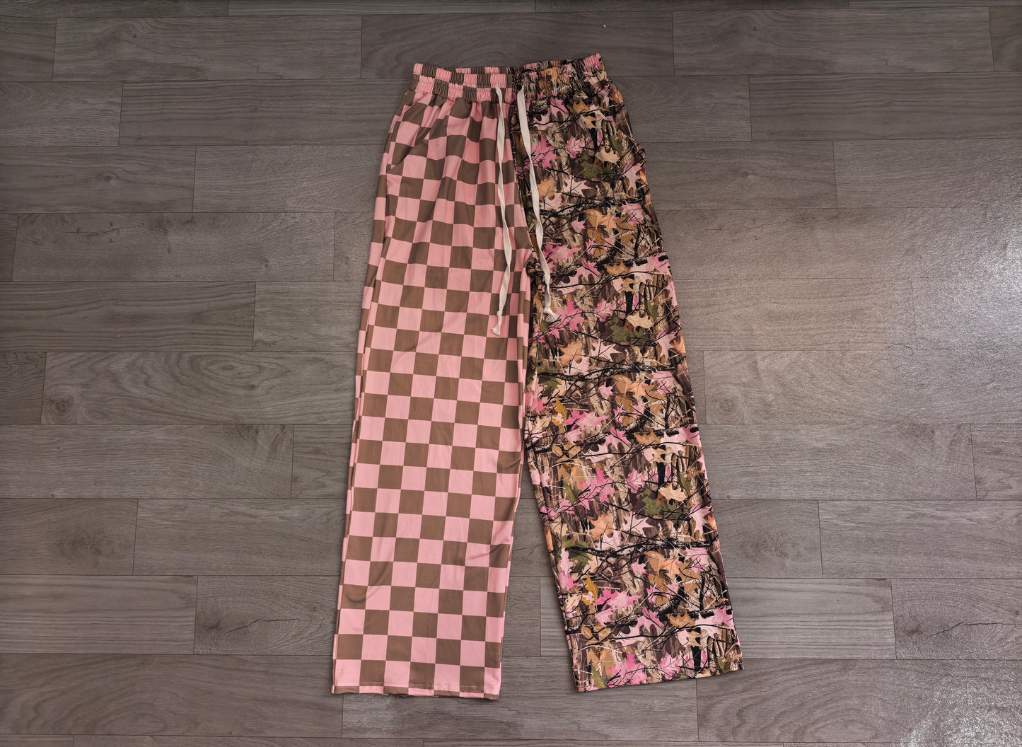 (Sample) No moq milk silk P1094 Adult Women Pink Checked Leaves Pants Bottom
